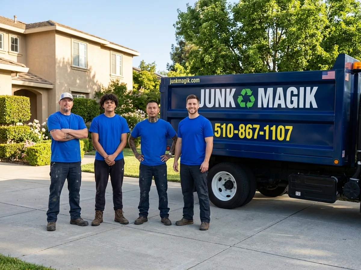 Four Junk Magik crew members in branded blue shirts standing in front of the navy and white Junk Magik dump truck on a residential driveway.